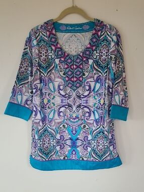 Robert Graham Turquoise & Purple Paisley Embroidered V-Neck Tunic